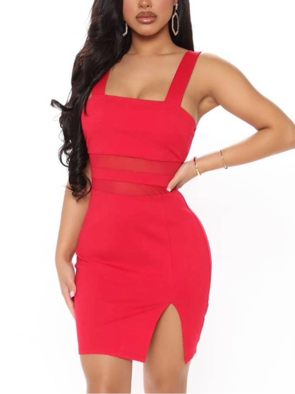 Fashion Nova Red Mesh Panel Bodycon Mini Dress Sheer Waist Cut Out Slit